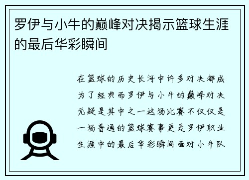 罗伊与小牛的巅峰对决揭示篮球生涯的最后华彩瞬间