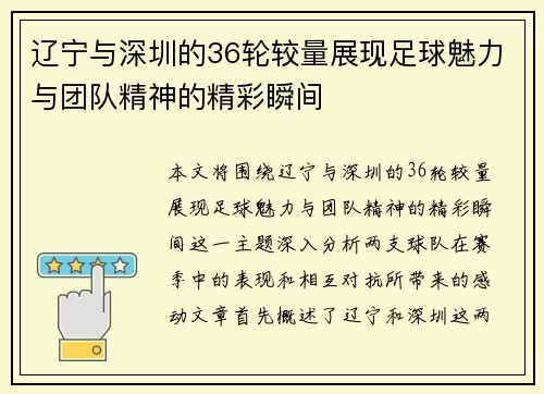 辽宁与深圳的36轮较量展现足球魅力与团队精神的精彩瞬间