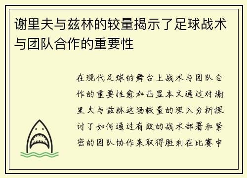 谢里夫与兹林的较量揭示了足球战术与团队合作的重要性