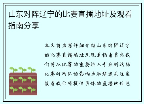 山东对阵辽宁的比赛直播地址及观看指南分享