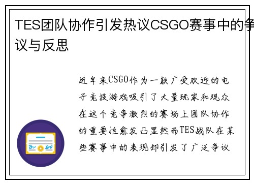 TES团队协作引发热议CSGO赛事中的争议与反思