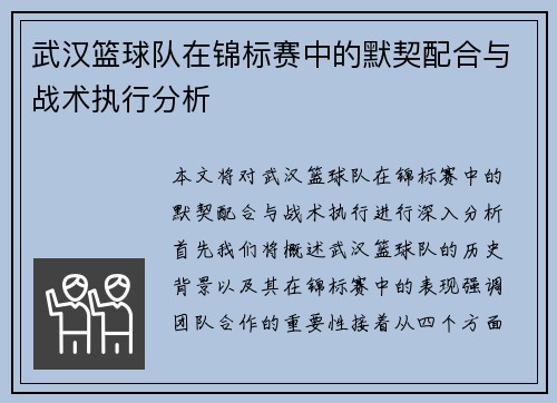 武汉篮球队在锦标赛中的默契配合与战术执行分析